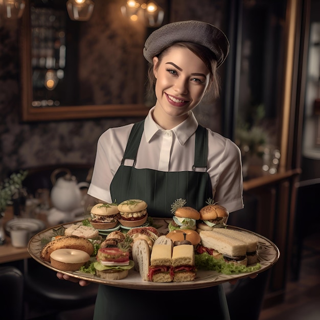 Garçonete sorridente segurando bandeja com hambúrgueres e cheeseburgers saborosos