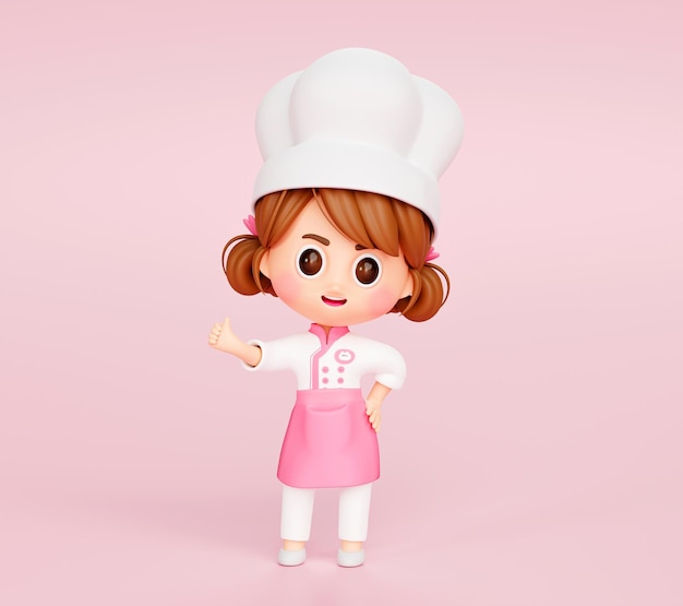 Foto grátis garota de chef bonitinha de uniforme mostrando os polegares para cima assinar o logotipo do personagem mascote do restaurante no fundo rosa desenho de ilustração 3d