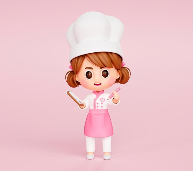 Garota de chef bonitinha de uniforme recebendo o logotipo do personagem de mascote do restaurante no fundo rosa 3d ilustração dos desenhos animados