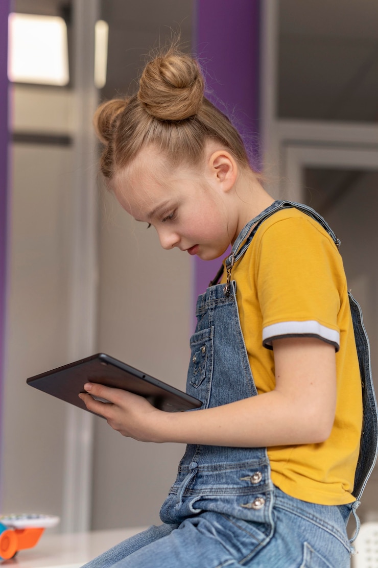Foto grátis garota de tiro médio aprendendo com tablet