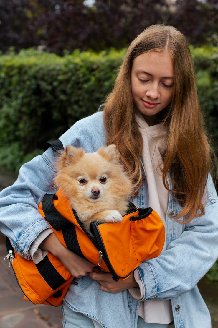 Foto grátis garota de vista frontal carregando cachorrinho na bolsa
