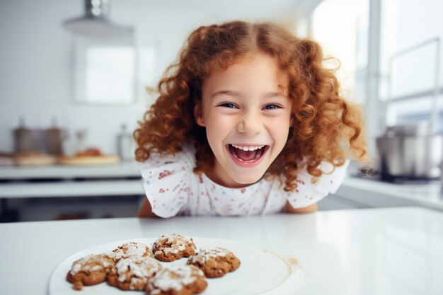 Garota de vista frontal com deliciosos biscoitos