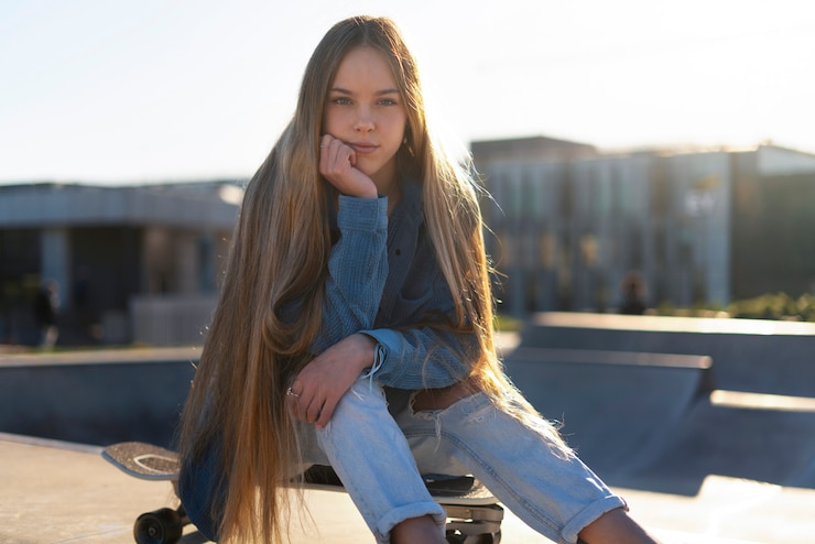 Foto grátis garota de vista frontal sentada no skate