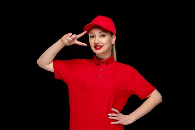 Garota do dia da camisa vermelha em um boné vermelho mostrando sinal de paz vestindo camisa e batom brilhante