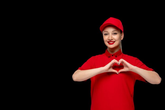 Garota feliz do dia da camisa vermelha com mãos em forma de coração em um boné vermelho vestindo camisa e batom brilhante