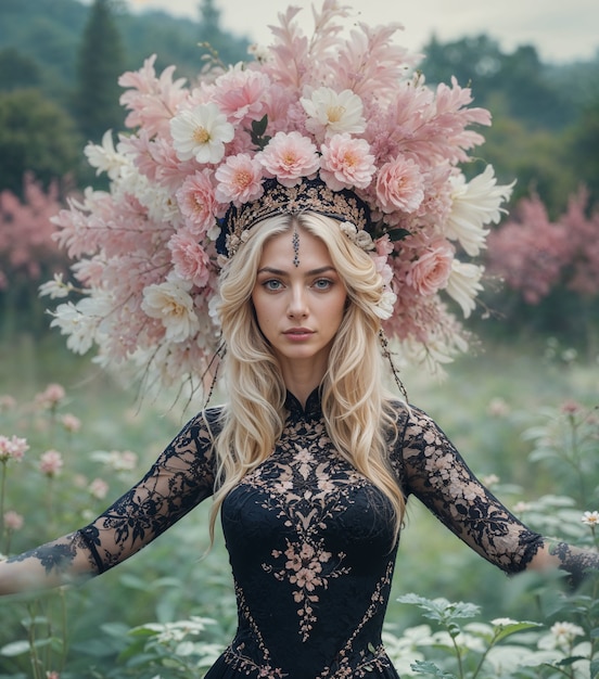garota loira com vestido de malha preta em um campo