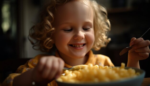 Garota sorridente de cabelos cacheados comendo comida na cozinha gerada por IA