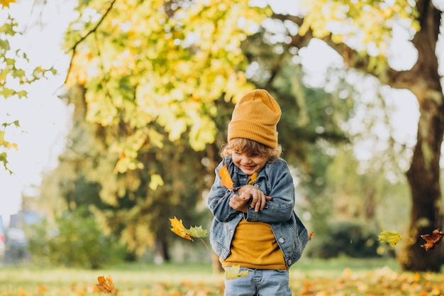 Garoto bonito brincando com folhas no parque outono