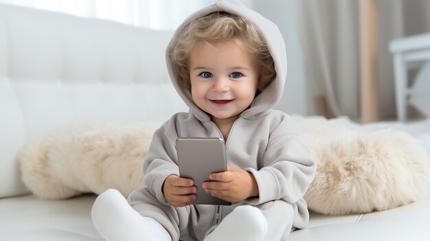 Garoto de tiro completo usando smartphone dentro de casa