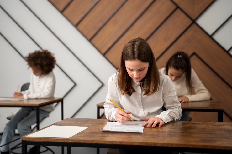 Foto grátis garoto de tiro médio trapaceando no teste da escola