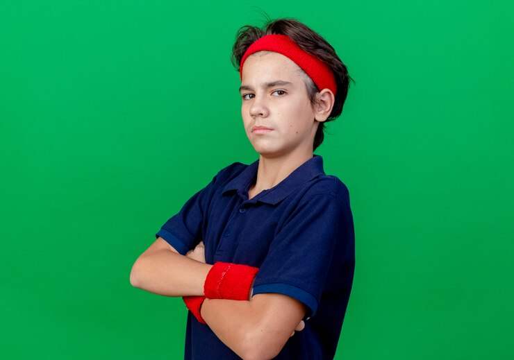 Foto grátis garoto desportivo jovem confiante usando faixa para a cabeça e pulseiras com aparelho dentário em pé com a postura fechada em vista de perfil, olhando para a câmera isolada no fundo verde com espaço de cópia