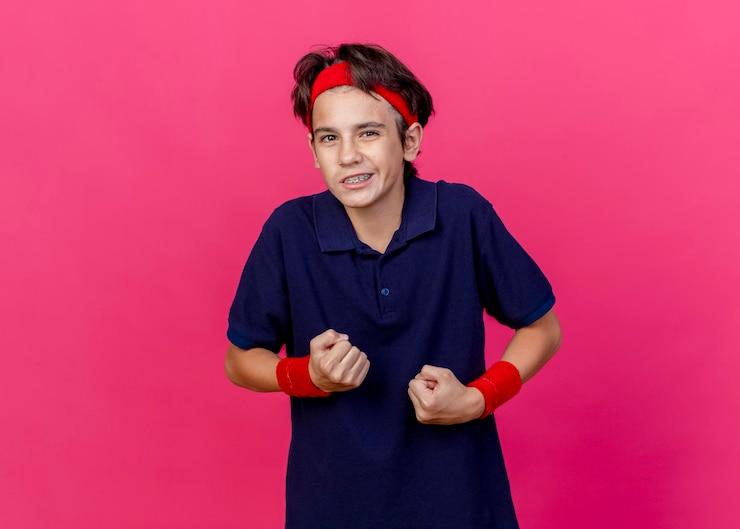 Foto grátis garoto esportivo jovem confiante e bonito usando bandana e pulseiras com aparelho dentário cerrando os punhos olhando para a frente isolada na parede rosa com espaço de cópia