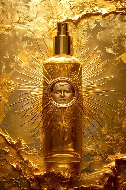 Garrafa cosmética com fundo de relevo solar de luxo inspirado em art nouveau