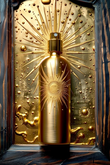 Foto grátis garrafa cosmética com fundo de relevo solar de luxo inspirado em art nouveau