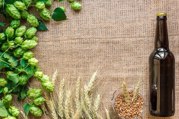 Garrafa de cerveja com ingredientes de fabricação de cerveja. flor de lúpulo com trigo. vista do topo