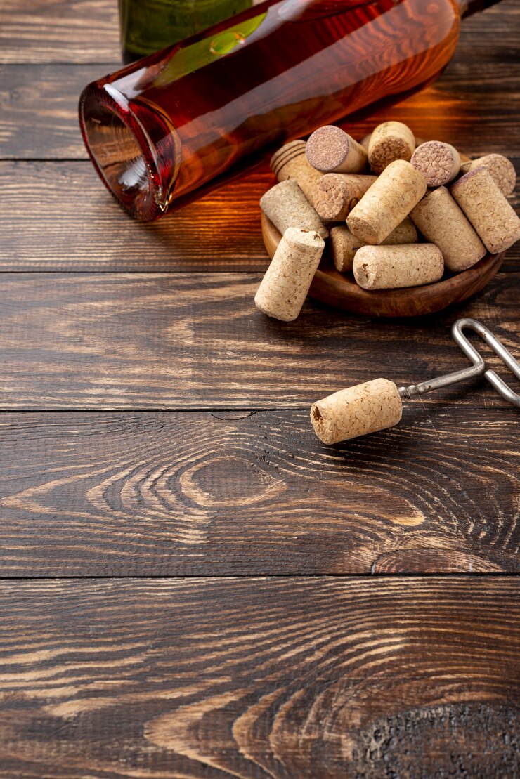 Foto grátis garrafa de vinho de alto ângulo e rolhas ao lado