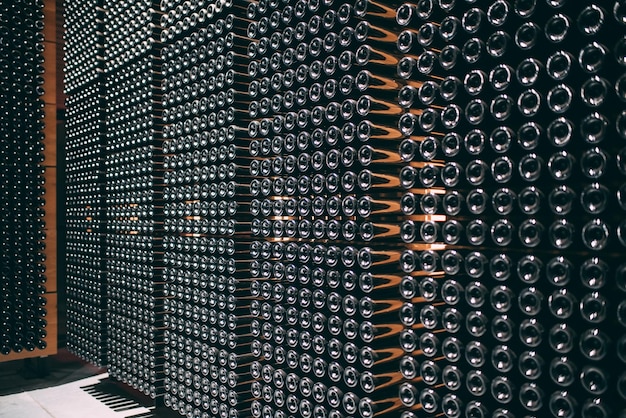 Garrafas de vinho armazenadas em uma vinícola no processo de fermentação