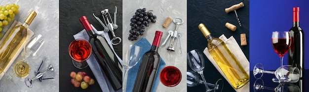 Garrafas de vinho e copos em diferentes origens, colagem de fotos.