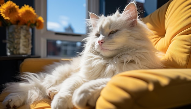 Foto grátis gatinho bonito sentado no sofá olhando para uma câmera ao ar livre gerada por inteligência artificial