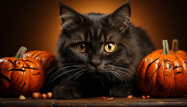 Gatinho fofo com abóbora comemorando o halloween assustador na noite de outono gerado por inteligência artificial