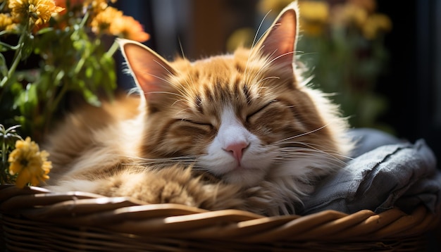 Foto grátis gatinho fofo dormindo em uma cesta cercado pela natureza beleza gerada pela inteligência artificial