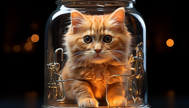 Gatinho fofo sentado em uma jarra de vidro olhando para você, gerado por inteligência artificial