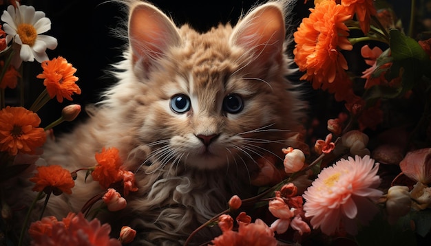 Foto grátis gatinho fofo sentado na grama olhando para flor gerada por inteligência artificial