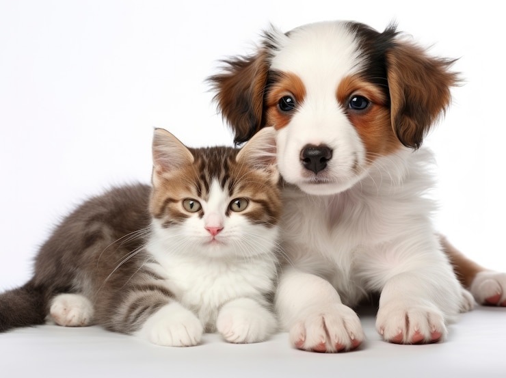 Foto grátis gato e cão sendo afetuosos e mostrando amor um pelo outro
