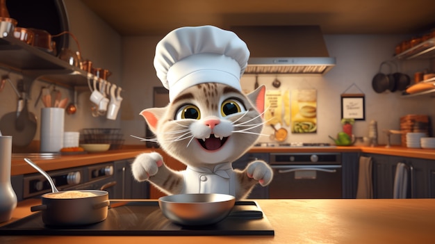 Foto grátis gato fofo cozinhando na cozinha