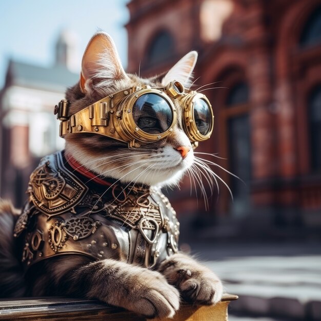 Gato futurista com óculos de proteção