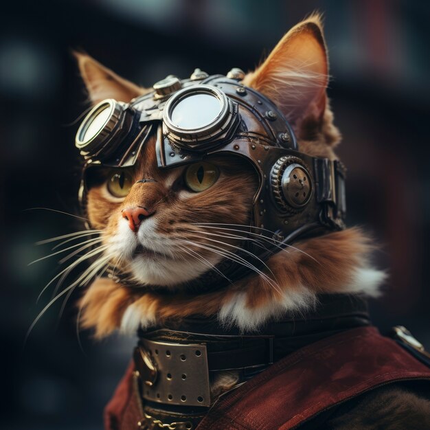Gato futurista com óculos de proteção