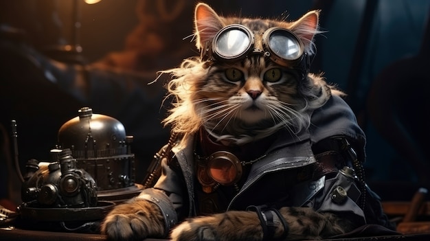 Gato futurista com óculos de proteção
