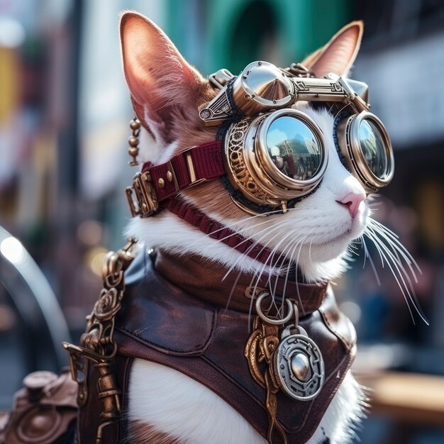 Gato futurista com óculos de proteção