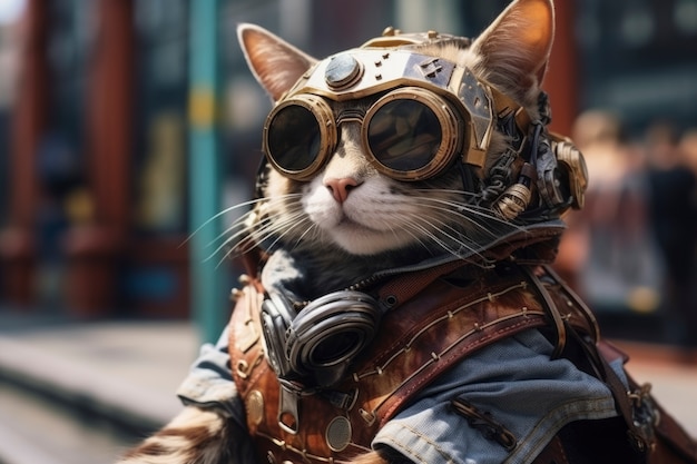 Gato futurista com óculos de proteção