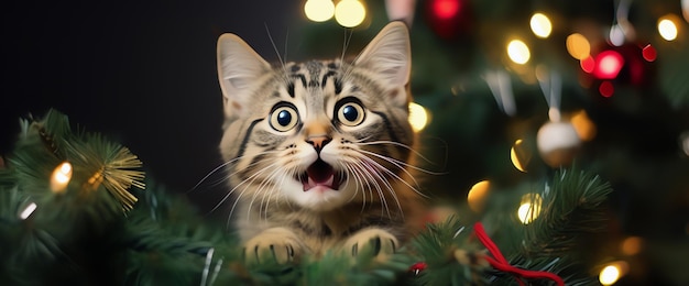 Foto grátis gato na árvore de natal ai gerado