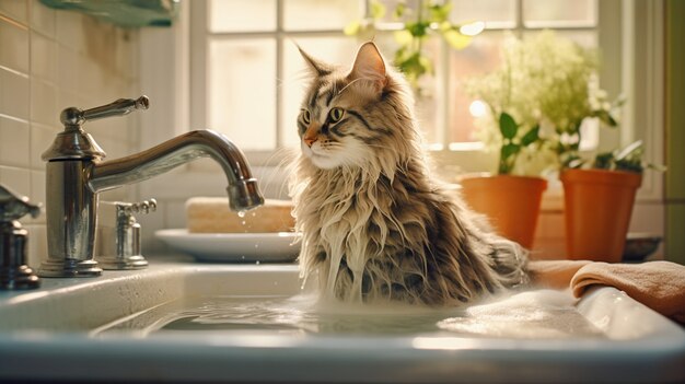 Gato peludo bonito dentro de casa