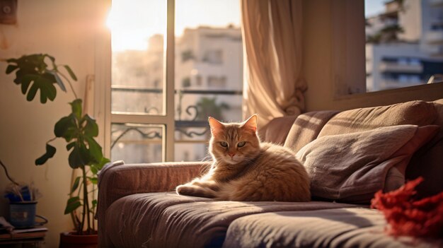 Gato peludo bonito dentro de casa