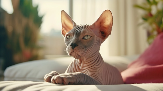 Foto grátis gato sphynx fofo relaxando dentro de casa