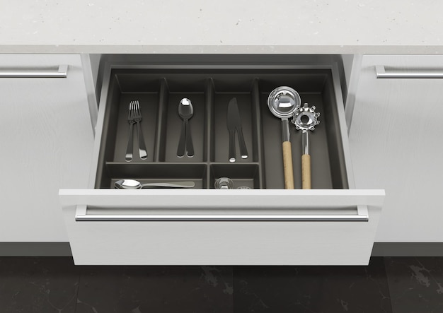 Gaveta de cozinha aberta com utensílios de cozinha. armazenamento e organização da cozinha. renderização 3d.