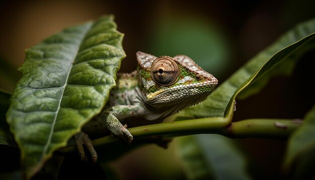 Gecko explora escamas de floresta tropical com brilho amarelo gerado por IA