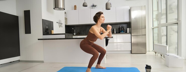 Foto grátis ginásio em casa mulher jovem fazendo agachamentos em sala luminosa treino dentro de casa em roupas esportivas fazendo exercícios em