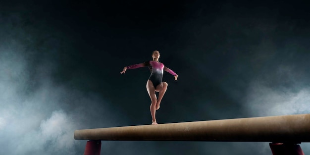 Foto grátis ginasta feminina fazendo um truque complicado na trave de equilíbrio de ginástica em uma arena profissional