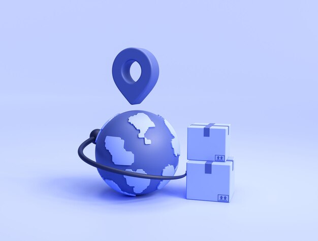 Globo mundial de entrega mundial com caixas de papelão e ponteiro de localização comprando conceito de comércio eletrônico de entrega on-line na ilustração 3d de fundo azul