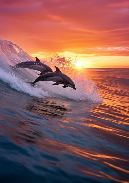 Golfinho saltando sobre a água ao pôr do sol