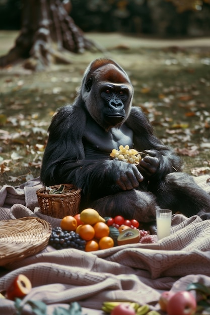 Gorila desfrutando de um piquenique em um mundo de fantasia