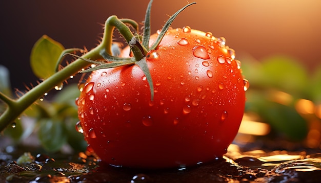Foto grátis gota de tomate fresco na alimentação orgânica saudável de folhas molhadas gerada por inteligência artificial