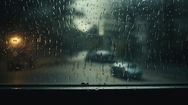 Gotas de chuva capturadas em uma janela chuvosa incorporando reflexo e uma sensação de paz