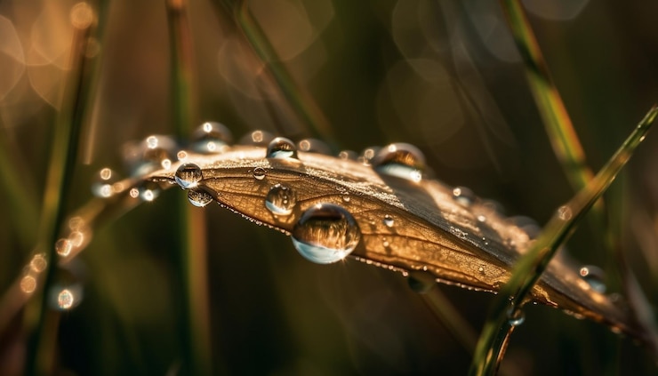 Foto grátis gotas de orvalho frescas em lâminas de grama verde geradas por ia