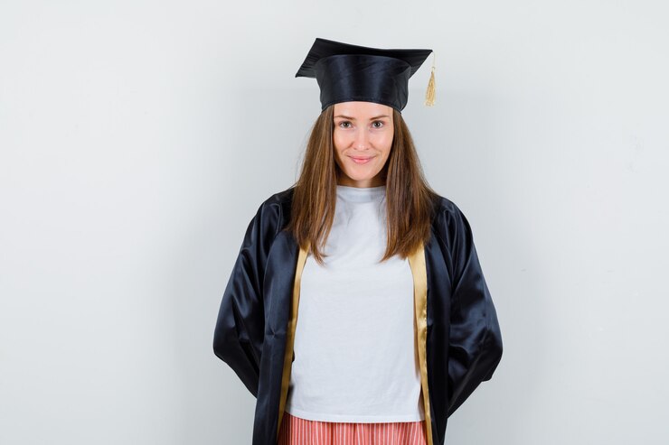Foto grátis graduada feminina mantendo as mãos para trás em uniformes, roupas casuais e parecendo envergonhada, vista frontal.
