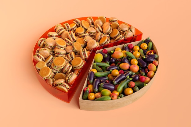Gráfico de pizza de alto ângulo com hambúrgueres e legumes